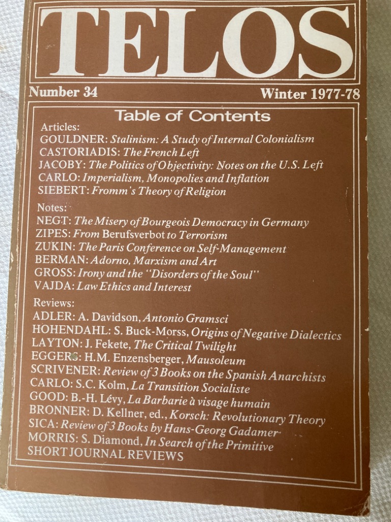 Telos. A Quarterly Journal of Radical Social Theory. Number 34, Spring 1977-78.